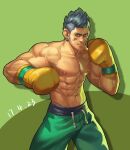  1boy abs bandaid bandaid_on_cheek blue_eyes boxing boxing_gloves clenched_hand dated earrings flexing gloves green_background green_pants grey_hair jewelry jiajiuli looking_at_viewer male_focus muscular muscular_male nipples original pants pectorals pose sideburns solo spiked_hair standing yellow_gloves 