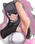  1girl :q animal_ears arm_behind_head arm_up armpits bangs bare_arms bear_ears bergman&#039;s_bear_(kemono_friends) black_hair blush bow bowtie bracelet breasts center_frills empty_eyes eyebrows_visible_through_hair eyes_visible_through_hair frills fur_bracelet hair_bow hand_up highres huge_bow jewelry kemono_friends large_breasts licking_lips long_hair looking_at_viewer no_nose nose_blush purple_eyes seductive_smile shibori_kasu shirt sketch skirt sleeveless sleeveless_shirt smile solo suspender_skirt suspenders swept_bangs taut_clothes taut_shirt tongue tongue_out upper_body very_long_hair 