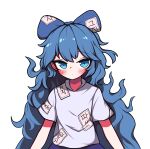  1girl absurdres blue_bow blue_eyes blue_hair blue_skirt blush bow grey_shirt hair_bow hh highres korean_text long_hair looking_at_viewer messy_hair ringed_eyes shirt short_sleeves simple_background skirt solo touhou upper_body white_background yorigami_shion 