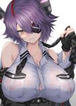  1girl blush breast_pocket breasts eyepatch frown fur_trim gloves headgear highres jacket kantai_collection large_breasts looking_at_viewer messy_hair necktie nipples oonaka_ito partially_fingerless_gloves pocket purple_hair see-through shirt short_hair tenryuu_(kancolle) wet white_shirt yellow_eyes 