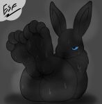  4_toes absurd_res ambiguous_gender anthro barefoot big_butt black_body black_eyes black_fur black_nose blue_sclera bodily_fluids buckteeth butt casual_nudity claws curvaceous curvy_figure digital_media_(artwork) electricsnowfox feet foot_fetish foot_focus fur half-closed_eyes hi_res hindpaw humanoid_feet in_heat lagomorph legs_up leporid long_ears looking_at_feet mammal musk narrowed_eyes nude open_mouth paws plantigrade presenting presenting_hindquarters rabbit rear_view short_stack simple_background sitting soles solo sweat teeth thick_thighs toe_claws toes voluptuous whiskers wide_hips wrinkled_feet 