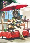  1girl :t animal blurry blurry_background blush brown_eyes brown_hair closed_mouth clothed_animal commentary_request cup dango depth_of_field felyne food green_legwear highres holding holding_food holding_tray hug jchoy looking_at_viewer monster_hunter_(series) monster_hunter_rise oil-paper_umbrella red_umbrella short_eyebrows sitting smile socks thick_eyebrows tray umbrella wagashi yomogi 