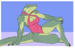  5_toes abs anthro athena_(f_draws) border breasts cleavage clothed clothing crocodile crocodilian crocodylid f_draws feet female fingers green_body green_scales hand_on_knee hand_on_leg hi_res looking_at_viewer multicolored_body multicolored_scales muscular muscular_anthro muscular_female non-mammal_breasts one-piece_swimsuit pose reptile scales scalie sitting solo swimwear toes two_tone_body two_tone_scales white_border yellow_eyes yellow_sclera 