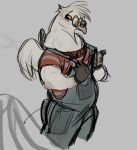  anthro avian beak beak_piercing bird clothed clothing columbid eyewear facial_piercing feathered_wings feathers female fully_clothed furgonomics furry-specific_piercing glasses overalls piercing pigeon slightly_chubby smile solo velow white_body wings 