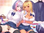  2girls bra cameltoe mrpeanut_88 open_shirt original panties school_uniform skirt_lift thighhighs underwear 