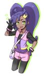  1girl :d asymmetrical_gloves bag bangs black_gloves dark_skin dark_skinned_female eyelashes gloves green_eyes hair_ornament hairclip hand_up highres jacket leggings long_hair new_pokemon_snap open_mouth pink_jacket pink_shorts pokemon pokemon_(game) popped_collar purple_hair rita_(pokemon) rnehrdyd1212 shirt shorts shoulder_bag sleeveless sleeveless_jacket smile solo star_(symbol) tongue twintails white_background 