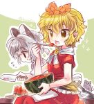  2girls adapted_costume animal_ear_fluff animal_ears biyon blonde_hair eating flying_sweatdrops food fruit green_background grey_hair hair_ornament hand_up holding holding_knife holding_spoon knife mouse mouse_ears multiple_girls nazrin open_mouth red_eyes short_hair short_ponytail short_sleeves sitting sparkle spoon tiger_stripes toramaru_shou touhou twitter_username watermelon yellow_eyes 
