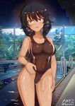  1girl andou_(girls_und_panzer) aquaegg black_hair black_swimsuit blush breasts brown_eyes cameltoe collarbone covered_navel eyebrows_visible_through_hair girls_und_panzer groin highres indoors large_breasts looking_at_viewer open_mouth pool shiny shiny_hair shiny_skin short_hair solo standing swimsuit swimwear tree window 