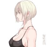  1girl blonde_hair bob_cut breasts brown_eyes camisole cleavage closed_mouth covered_nipples from_side inverted_bob large_breasts original profile shu-mai simple_background solo upper_body white_background 