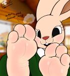  3_toes :3 absurd_res anthro antique_bun barefoot black_eyes buckteeth cheese clothed clothing curvaceous curvy_figure dairy_products digital_drawing_(artwork) digital_media_(artwork) electricsnowfox english_text eyelashes feet female food foot_fetish foot_focus fur hi_res hindpaw humanoid_feet lagomorph leporid lipstick long_ears looking_at_feet makeup mammal paws photo_background plantigrade presenting rabbit red_lipstick red_nose short_stack sitting smile soles solo tan_body tan_fur teeth text thick_thighs toes voluptuous wrinkled_feet 