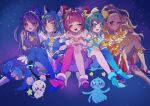  5girls ;d ^_^ ^o^ absurdres ahoge amamiya_erena animal_ear_fluff animal_ears antennae aqua_choker aqua_eyes aqua_footwear aqua_hair aqua_legwear bangs bare_shoulders bell black_choker blonde_hair blue_background blue_eyes blue_gloves blue_hair blue_legwear blunt_bangs blush boots braid cat_ears cat_girl cat_tail choker closed_eyes closed_mouth collar collarbone commentary creature crescent crescent_hair_ornament cure_cosmo cure_milky cure_selene cure_soleil cure_star dark_skin dark_skinned_female detached_collar dress earrings elbow_gloves eyebrows_visible_through_hair facing_viewer forehead fur-trimmed_footwear fur-trimmed_gloves fur_cuffs fur_trim fuwa_(precure) gloves gradient gradient_legwear grin hagoromo_lala hair_ornament hair_pulled_back hairband halterneck happy headpiece heart heart_in_mouth heart_print high_heels highres hoop_earrings hoshina_hikaru jewelry kaguya_madoka knee_boots knee_up knees_together_feet_apart knees_up locked_arms long_hair looking_at_another looking_at_viewer low_twintails lower_teeth magical_girl maid_headdress multicolored multicolored_clothes multicolored_hair multicolored_legwear multicolored_skirt multiple_girls neck_bell off-shoulder_dress off_shoulder one_eye_closed open_mouth orange_dress pink_choker pink_dress pink_footwear pink_hair planet_hair_ornament pouch precure prunce_(precure) puffy_pants puffy_short_sleeves puffy_sleeves purple_choker purple_collar purple_dress purple_eyes purple_hairband rainbow_skirt round_teeth see-through_sleeves short_sleeves side-by-side sideways_glance simple_background single_leg_pantyhose single_thighhigh sitting skirt sleeveless sleeveless_dress smile sparkle star-shaped_pupils star_(symbol) star_choker star_earrings star_hair_ornament star_in_eye star_print star_twinkle_precure streaked_hair symbol-shaped_pupils symbol_commentary symbol_in_eye tail teeth thighhighs triangle_earrings twin_braids twintails upper_teeth v very_long_hair waving wavy_hair white_footwear white_sleeves wrist_cuffs yellow_dress yellow_eyes yellow_hairband yuni_(precure) zuzuko 