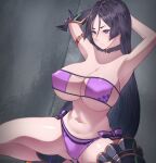  1girl armlet bikini breasts cero320 choker eyepatch_bikini fate/grand_order fate_(series) gloves large_breasts long_hair looking_at_viewer low-tied_long_hair minamoto_no_raikou_(fate) minamoto_no_raikou_(swimsuit_lancer)_(fate) purple_bikini purple_eyes purple_hair side-tie_bikini single_glove solo spread_legs squatting strapless strapless_bikini swimsuit very_long_hair work_in_progress 