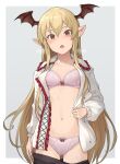  1girl :o ass_visible_through_thighs bangs bat_wings blonde_hair blush breasts brown_eyes collarbone commentary_request cowboy_shot eyebrows_behind_hair fang frills granblue_fantasy grey_background head_wings heavy_breathing hinami_(hinatamizu) long_hair medium_breasts navel nose_blush open_clothes open_shirt pointy_ears shingeki_no_bahamut shirt simple_background solo sweat underwear vampy very_long_hair white_shirt wings 