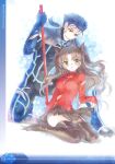  1boy 1girl absurdres amazio_komeko artist_name bangs black_bow black_footwear black_hair black_skirt blue_bodysuit blue_gloves blue_hair bodysuit boots bow cu_chulainn_(fate)_(all) cu_chulainn_(fate/stay_night) fate/extra fate_(series) full_body gae_bolg_(fate) gloves green_eyes hair_bow hair_strand highres holding holding_clothes holding_skirt kneeling long_hair looking_at_another official_alternate_costume official_art open_mouth parted_bangs ponytail red_eyes red_shirt scan shirt sitting skirt smile thigh_boots thigh_strap thighhighs tohsaka_rin torn_bodysuit torn_clothes torn_shirt torn_skirt two_side_up wariza white_background zettai_ryouiki 