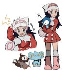  1girl bag beanie black_hair boots closed_mouth coat commentary_request creature crossed_arms dawn_(pokemon) duffel_bag eyelashes gen_4_pokemon grey_eyes hair_ornament hairclip hat highres holding holding_pokemon long_hair long_sleeves looking_at_viewer looking_to_the_side multiple_views open_mouth over-kneehighs pink_footwear piplup pokemon pokemon_(creature) pokemon_(game) pokemon_dppt pokemon_platinum red_coat scarf shichibee_(stm_mimi) shinx simple_background sketch sleeping smile standing starly starter_pokemon sweatdrop thighhighs white_background white_bag white_headwear white_legwear white_scarf zzz 