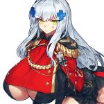 1girl aiguillette alternate_breast_size bangs breasts capelet closed_mouth cross_hair_ornament epaulettes eyebrows_visible_through_hair facial_mark girls_frontline green_eyes grey_hair hair_ornament highres hk416_(girls_frontline) huge_breasts long_hair long_sleeves looking_at_viewer melon22 military military_uniform red_capelet shiny shiny_hair simple_background solo teardrop uniform white_background 
