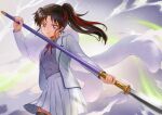  1girl alternate_costume artist_request bangs black_hair closed_mouth han&#039;you_no_yashahime highres long_hair looking_at_viewer multicolored_hair polearm ponytail ribbon school_uniform setsuna_(inuyasha) simple_background skirt solo spear streaked_hair weapon 