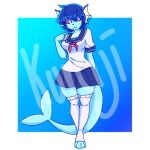  anthro blue_body blue_skin blueberry_the_vaporeon breasts clothing crazy_guy_(artist) eeveelution female fin fish_tail legwear nintendo pok&eacute;mon pok&eacute;mon_(species) purple_eyes sailor_uniform solo stockings thigh_highs vaporeon video_games 