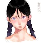  1girl black_hair blush braid closed_mouth completely_nude looking_at_viewer multicolored_hair nude original portrait purple_eyes purple_hair shu-mai simple_background solo twin_braids two-tone_hair white_background 