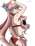  1girl bikini blue_eyes blush breasts commentary_request cowboy_shot hair_ornament highres large_breasts long_hair looking_at_viewer looking_back maria_cadenzavna_eve namrute0303 open_mouth pink_hair senki_zesshou_symphogear shiny shiny_hair shiny_skin simple_background smile solo swimsuit twitter_username white_background 