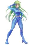  1girl absurdres blue_eyes bodysuit eximmetry green_hair grin highres kochiya_sanae one_eye_closed smile solo totally_spies touhou 