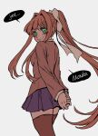  1girl absurdres arms_behind_back black_legwear blue_skirt brown_hair doki_doki_literature_club green_eyes highres looking_at_viewer monika_(doki_doki_literature_club) ponytail ribbon skirt smile speech_bubble thighhighs tn_scallion white_ribbon yandere 