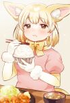  1girl :i animal_ear_fluff animal_ears blonde_hair blush bowl brown_eyes chopsticks commentary_request eating elbow_gloves fennec_(kemono_friends) fox_ears fur_trim gloves grey_background hand_up highres holding holding_bowl holding_chopsticks kemono_friends looking_at_viewer pink_shirt puffy_short_sleeves puffy_sleeves shirt short_hair short_sleeves simple_background solo sparkle suicchonsuisui upper_body 