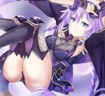  armpits arms_up bangs bimmy blue_eyes boots braid breasts d-pad d-pad_hair_ornament english_commentary eyebrows_visible_through_hair hair_between_eyes hair_ornament highres holding long_hair looking_at_viewer medium_breasts neptune_(series) power_symbol purple_hair purple_heart shuriken sidelocks smile symbol-shaped_pupils thigh_boots thighhighs twin_braids 