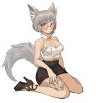  1girl absurdres animal_ear_fluff animal_ears bangs bare_arms black_footwear black_skirt breasts cleavage commission glasses grey_hair grin high_heels highres looking_at_viewer orange_eyes original pixiv_request short_hair simple_background sitting skirt smile solo sookmo tail tattoo thigh_tattoo wariza white_background 