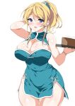  1girl :d absurdres ayase_eli bangs baozi bare_arms blonde_hair blue_dress blue_eyes blush breasts china_dress chinese_clothes cleavage cleavage_cutout clothing_cutout cowboy_shot curvy dress food hair_ornament hair_scrunchie hand_in_hair highres holding holding_food holding_tray large_breasts love_live! love_live!_school_idol_project ninoko open_mouth ponytail scrunchie shiny shiny_skin side_slit simple_background smile solo standing thigh_gap thighs tray white_background wide_hips 