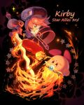  1girl :o anniversary bangs black_background black_dress black_headwear blush_stickers copy_ability copyright_name dress flamberge_(kirby) flaming_sword flaming_weapon hair_between_eyes hat highres holding holding_sword holding_weapon kirby kirby:_star_allies kirby_(series) kouyafu long_sleeves parted_bangs purple_eyes red_hair revision sparkle star_(symbol) sword weapon wide_sleeves 
