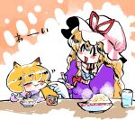  2girls :t animal_ears blonde_hair blush_stickers bow closed_eyes cup dress eating food food_on_face fox_ears fox_tail fried_rice gloves hair_bow hat hat_ribbon holding komaku_juushoku long_hair mob_cap multiple_girls open_mouth pink_headwear plate purple_dress red_bow red_ribbon ribbon rice rice_on_face short_hair smile tail touhou translation_request white_gloves yakumo_ran yakumo_yukari younger 