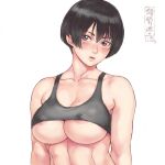  1girl areola_slip areolae black_hair blush breasts brown_eyes cleavage collarbone covered_nipples large_breasts looking_at_viewer muscular muscular_female original parted_lips short_hair shu-mai simple_background solo sports_bra underboob upper_body white_background 