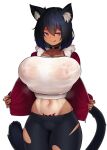  1girl animal_ears bike_shorts black_hair borrowed_character breasts burakku-ra cat_ears cat_girl cat_tail choker commission cropped_legs curvy english_commentary hair_between_eyes highres hood hoodie huge_breasts licking_lips medium_hair narrow_waist naughty_face navel one-piece_tan open_clothes open_hoodie original pubic_tattoo red_eyes red_hoodie shirt simple_background solo stomach sweat tail tan tanline tattoo tongue tongue_out torn_bike_shorts torn_clothes undershirt wet wet_clothes wet_shirt white_background white_shirt 
