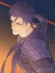 1boy armor beads blue_hair closed_mouth cu_chulainn_(fate)_(all) cu_chulainn_(fate/stay_night) dareka_25 earrings fate/stay_night fate_(series) floating_hair gae_bolg_(fate) grin hair_beads hair_ornament highres holding holding_polearm holding_weapon jewelry long_hair looking_at_viewer male_focus muscular muscular_male pauldrons polearm ponytail red_eyes shoulder_armor skin_tight slit_pupils smile solo spiked_hair weapon 