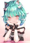  1girl animal_ear_fluff animal_ears aqua_hair bangs black_dress blue_hair blush cat_ears commentary dress eyebrows_visible_through_hair gradient_hair hair_ornament hands_on_own_cheeks hands_on_own_face head_rest highres hololive looking_at_viewer medium_hair multicolored_hair off-shoulder_dress off_shoulder red_eyes skull_hair_ornament smile solo two-tone_hair uruha_rushia virtual_youtuber wrist_cuffs yuano 