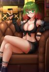  1girl bare_shoulders black_gloves black_shirt black_shorts black_sleeves blurry blurry_background blush breasts cleavage closed_mouth collarbone commentary commission couch crop_top crossed_legs depth_of_field detached_sleeves english_commentary fingerless_gloves glasses gloves gradient_hair green-framed_eyewear green_eyes green_hair highres kazenokaze long_sleeves medium_breasts multicolored_hair navel on_couch original red-framed_eyewear red_hair semi-rimless_eyewear shirt short_shorts shorts sitting sleeveless sleeveless_shirt smile solo under-rim_eyewear 