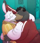  ace_(the_human_heart) against_wall anthro bodily_fluids caught chubby_male coach duo earl_(the_human_heart) eyewear father glasses hi_res kissing leonthelionel making_out male male/male mammal overweight overweight_male parent rabit simple_background steve_jovonovich sweat ursid 