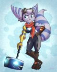  blue_eyes clothing dazzlekong ear_piercing ear_ring eyewear female fluffy fluffy_tail gloves goggles goggles_on_head hammer handwear hi_res lombax mammal piercing pinup pose ratchet_and_clank ratchet_and_clank:_rift_apart rivet_(ratchet_and_clank) robotic_arm scarf sony_corporation sony_interactive_entertainment tools video_games 