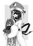  1girl breasts chikage_(blackclownery) chinese_clothes doll fate/grand_order fate_(series) greyscale hair_ornament hair_over_one_eye hairpin hat highres holding holding_doll long_sleeves looking_at_viewer mole mole_under_eye monochrome open_mouth robe short_hair small_breasts smile stuffed_toy wide_sleeves xu_fu_(fate) yu_mei-ren_(fate) 