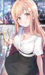  1girl :o alcohol bangs black_skirt blonde_hair blush breasts brown_eyes champagne champagne_flute cleavage collarbone commentary cup drinking_glass eating glass_table glint holding holding_cup idolmaster idolmaster_shiny_colors indoors jewelry large_breasts long_hair looking_at_viewer necklace older open_mouth sakuragi_mano shiitake_taishi shirt short_sleeves sitting skirt solo swept_bangs table white_shirt window 
