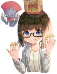  &gt;_&lt; 1girl bangs black-framed_eyewear black_hair blue_eyes blush bugles bugles_on_fingers closed_mouth commentary_request cropped_torso eyebrows_visible_through_hair food_on_finger gen_4_pokemon glasses grey_jacket highres jacket looking_at_viewer mimikaki_(men_bow) on_head open_clothes open_jacket original pokemon pokemon_(creature) semi-rimless_eyewear shirt simple_background smile under-rim_eyewear upper_body v-shaped_eyebrows weavile white_background white_shirt 