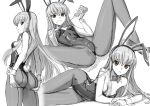  1girl animal_ears ass bow bowtie breasts brown_eyes bunny_ears bunny_tail c.c. code_geass detached_collar eating eye_focus fake_animal_ears fake_tail hairband highleg highleg_leotard highres holding kawakami_rokkaku leotard long_hair looking_at_viewer lying monochrome multiple_views navel on_side pantyhose parted_lips pizza_slice playboy_bunny reclining side-tie_leotard simple_background sitting small_breasts smile spot_color spread_legs tail thigh_gap very_long_hair white_background 