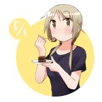  1girl bangs black_shirt blonde_hair blush brown_eyes cake cake_slice casual circle closed_mouth collarbone commentary_request dated eyebrows_visible_through_hair food fork hands_up holding holding_fork holding_plate ichii_yui katatsuka_kouji long_hair looking_at_viewer low_twintails plate round_image shirt short_sleeves solo twintails upper_body white_background yuyushiki 