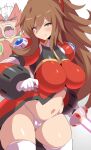  1boy 1girl absurdres android blush breasts brown_hair cameltoe commentary_request gloves green_eyes high_ponytail highres holding holding_sword holding_weapon iris_(mega_man) konno_tohiro large_breasts looking_at_viewer mega_man_(series) mega_man_x4 mega_man_x_(series) rockman_x_dive smile sword thighhighs weapon white_gloves zero_(mega_man) 