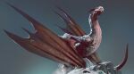  absurdres commentary dragon english_commentary gradient gradient_background grey_background highres horns kalmahul looking_up no_humans original realistic red_eyes sharp_teeth standing teeth torn_wings wings wyvern 