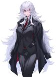  1girl absurdres azur_lane bangs black_gloves business_suit eyebrows_visible_through_hair formal gloves graf_zeppelin_(azur_lane) hair_between_eyes highres jacket jacket_on_shoulders long_bangs long_hair messy_hair necktie red_eyes red_neckwear silver_hair simple_background slacks solo solo_focus suit upper_body very_long_hair white_background yuki_maccha_(yukimattya10) 