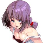  1girl absurdres bangs blue_eyes breasts brown_hair downblouse eyebrows_visible_through_hair from_above highres leaning_forward looking_at_viewer masao medium_hair nipples no_bra open_mouth original small_breasts solo white_background 