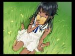  1girl bangs bare_shoulders barefoot black_hair blue_ribbon book commentary_request covering_mouth dark-skinned_female dark_skin dokiyuri dress eyebrows_visible_through_hair grass idolmaster idolmaster_shiny_colors kazano_hiori long_hair looking_at_viewer mole mole_under_mouth open_book outdoors ponytail purple_eyes ribbon sailor_collar sailor_dress sitting sleeveless sleeveless_dress solo sundress tan wariza white_dress white_sailor_collar 