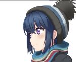  1girl bangs black_coat black_headwear blue_hair blush bobblehat closed_mouth coat commentary face highres looking_to_the_side mayu_p multicolored multicolored_stripes purple_eyes scarf shima_rin short_hair smile solo striped striped_scarf white_background yurucamp 